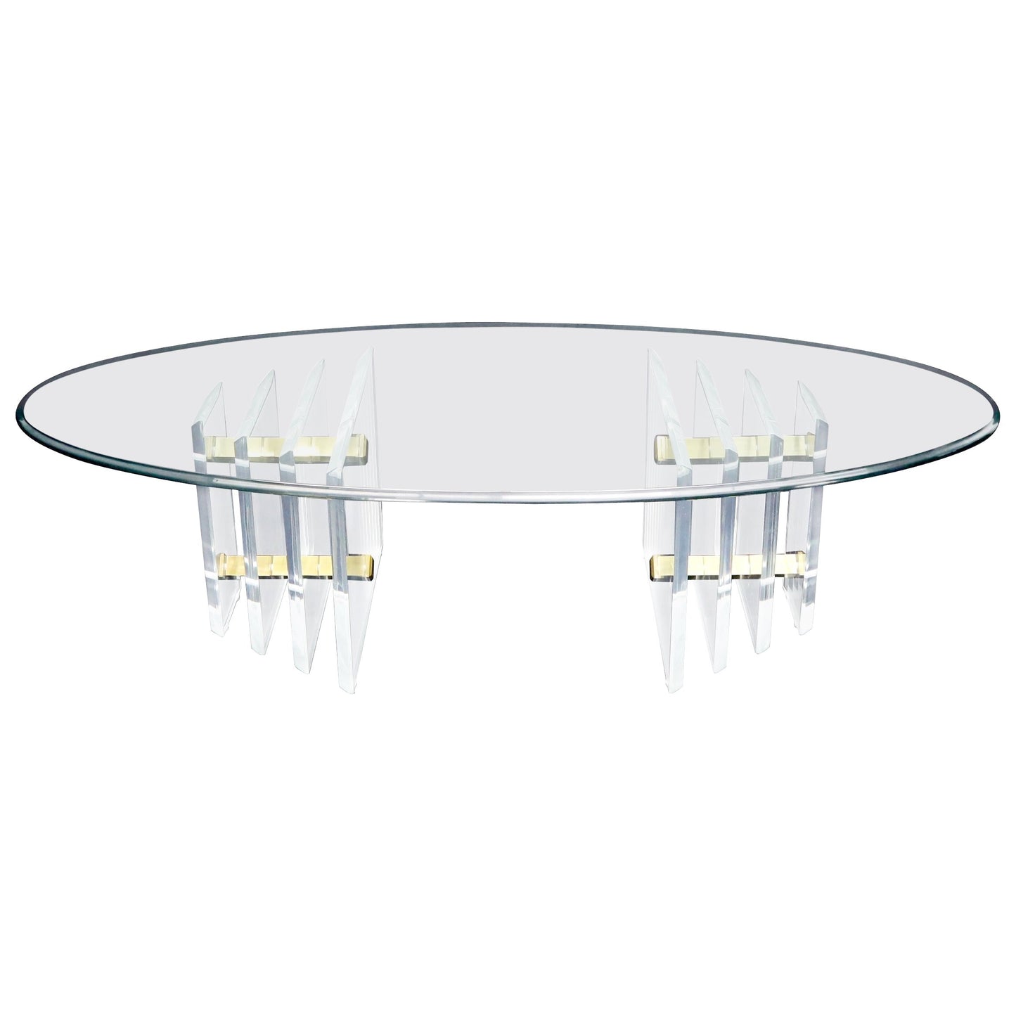 Double Lucite Pedestal Oval Glass Top Coffee Table