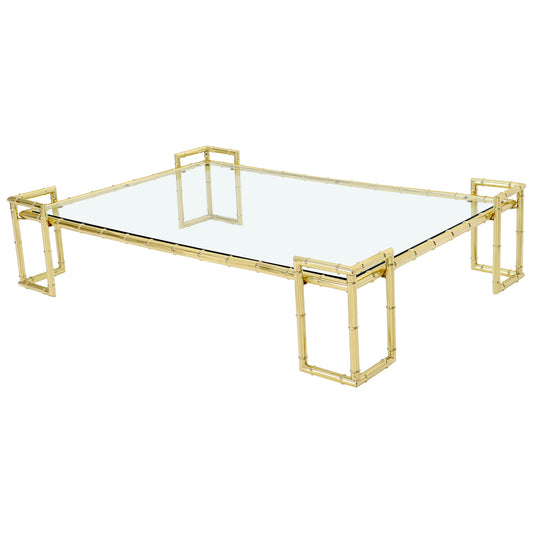 Faux Bamboo Brass and Glass Top Large Rectangle Coffee Table