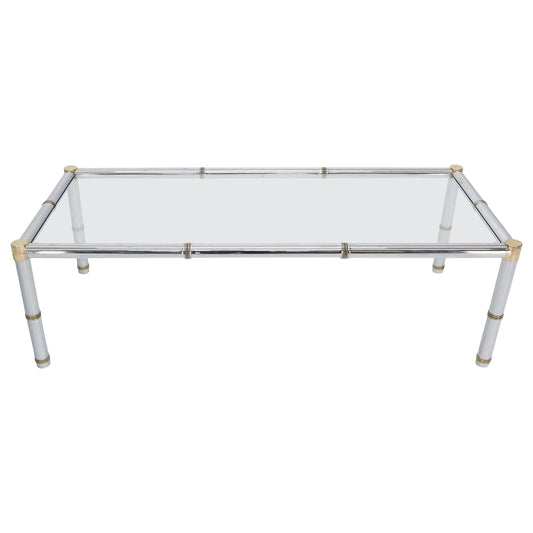 Faux Bamboo Rectangular Brass and Chrome Glass Top Coffee Table