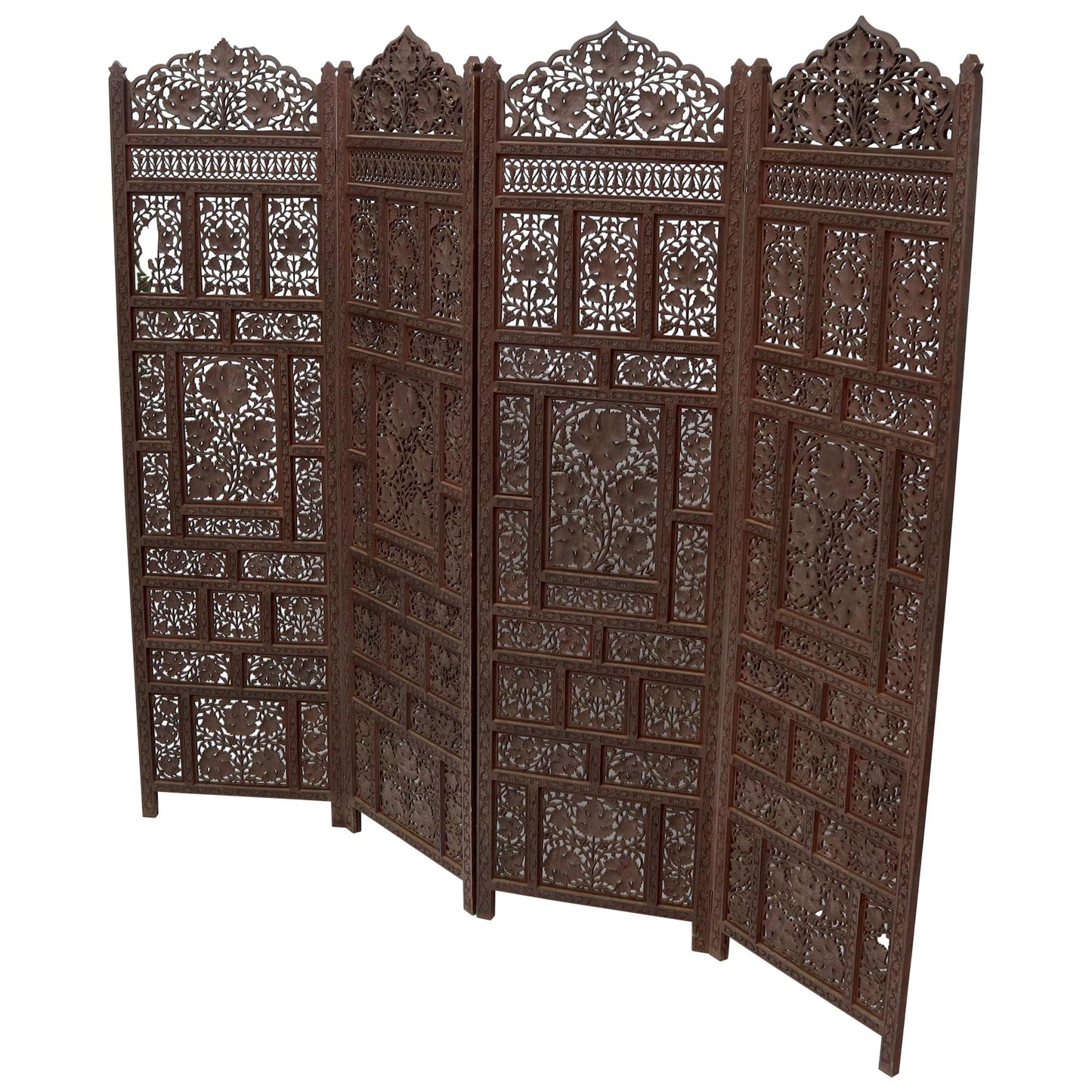 Four-Panel Finely Carved Teak Room Divider Screen