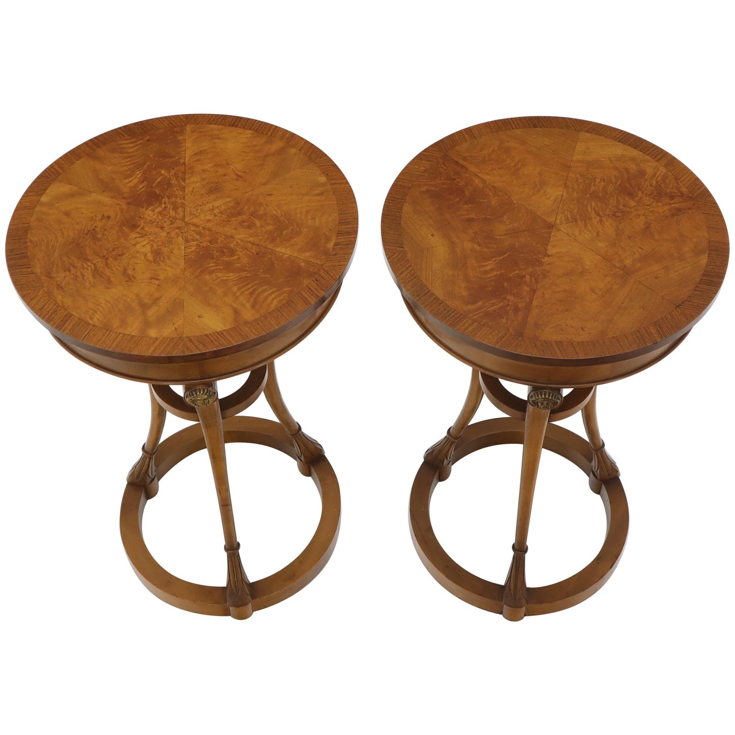 Pair of Tall Round Pedestal Shape Side End Tables on Tri Legged Bases Burl Wood