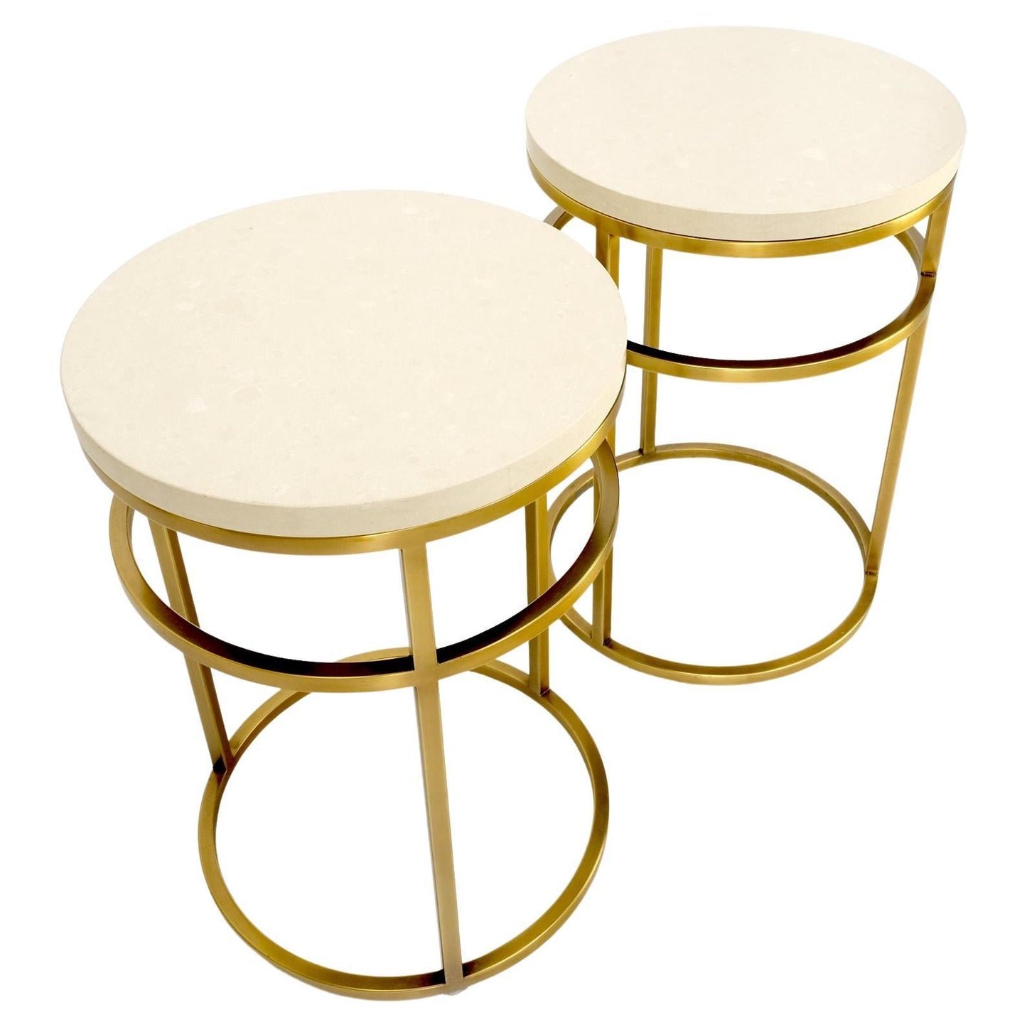 Pair of Round Marble Stone Top Square Brass Profile Base End Side Tables Stands