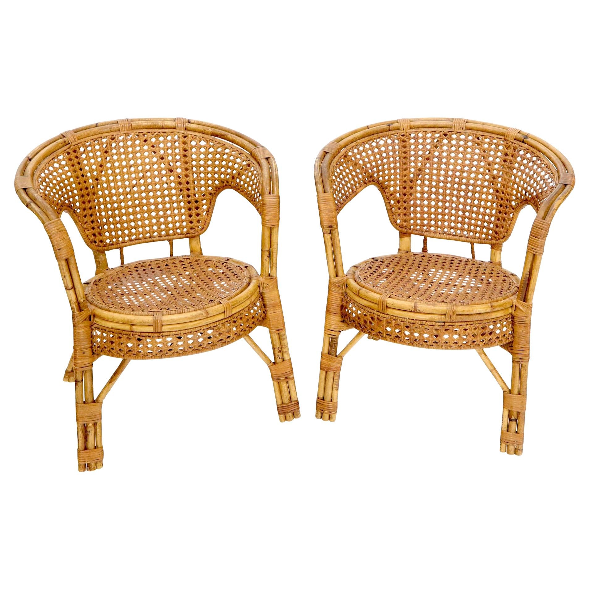 Pair of Stunning Round Barrel Shape Bamboo Rattan Cane Seat Chairs Established Lines