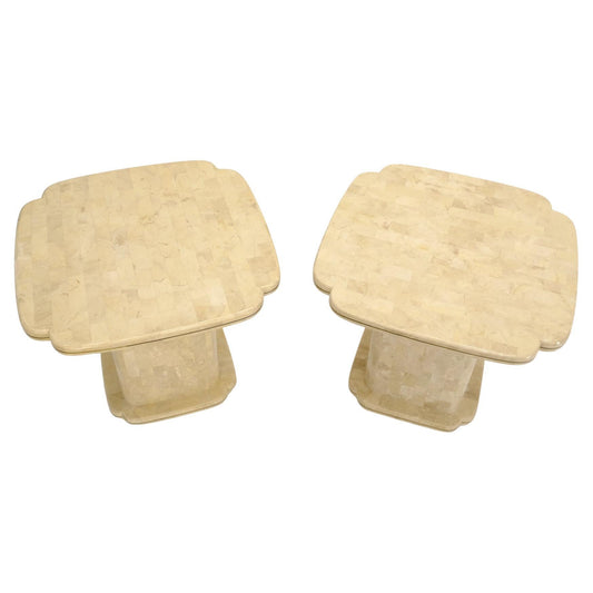 Pair of Tessellated Stone Brass Trim Mid-Century Modern End Tables Stands