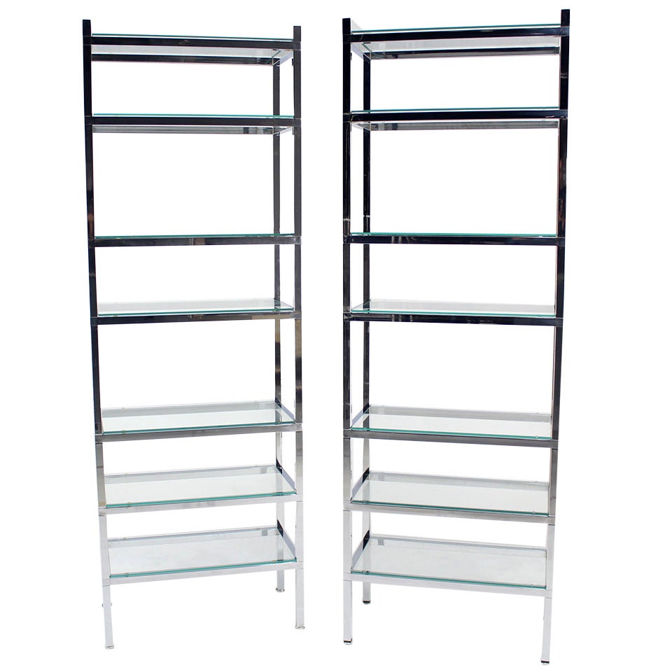 Pair of Tall and Narrow Chrome & Glass Etageres