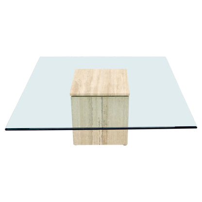 Large Square Travertine Base Glass Top Coffee Table