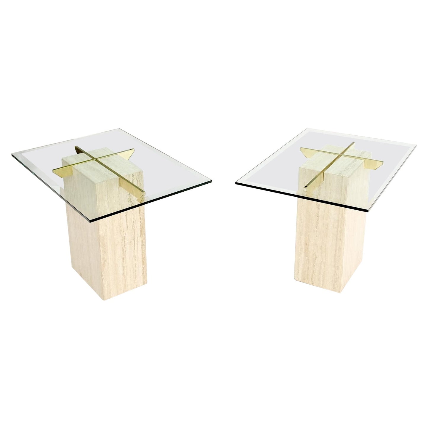 Pair of Travertine Pedestal Bases Brass Frames Glass Tops End Side Tables Stands