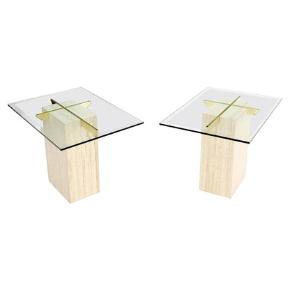 Pair of Travertine Pedestal Bases Brass Frames Glass Tops End Side Tables Stands