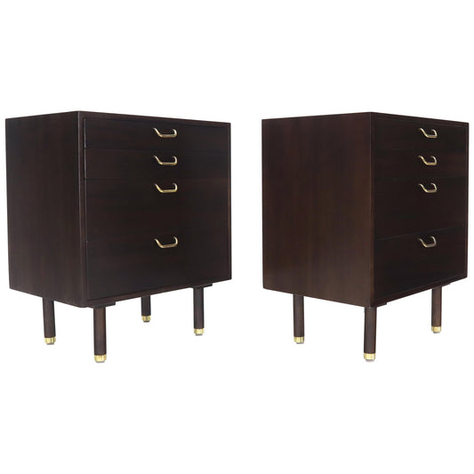 Pair of Mid-Century Modern Brass Pulls Four-Drawer Nightstands Harvey Probber