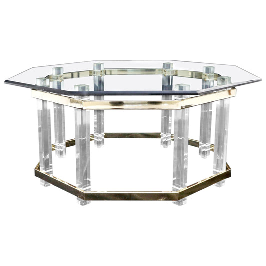 Lucite Glass and Brass Round Octagon Shape Coffee Table