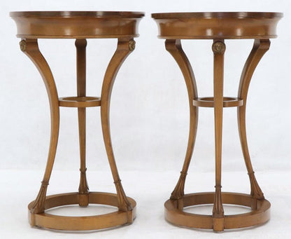 Pair of Tall Round Pedestal Shape Side End Tables on Tri Legged Bases Burl Wood