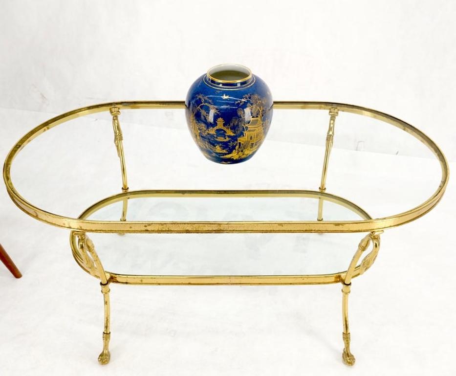 Solid Brass Swan Motive Oval Racetrack Shape Two Tier Coffee Table Mid Century