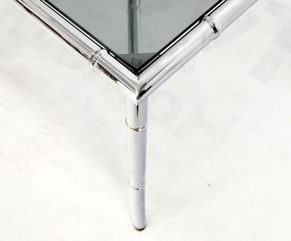 Pair of Chrome Metal Faux Bamboo x Base Smoked Glass End Side Tables