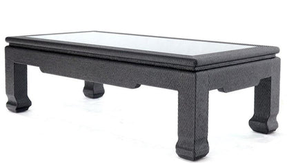 Raffia Cloth Covered Rectangular Glass Top Coffee Table Black