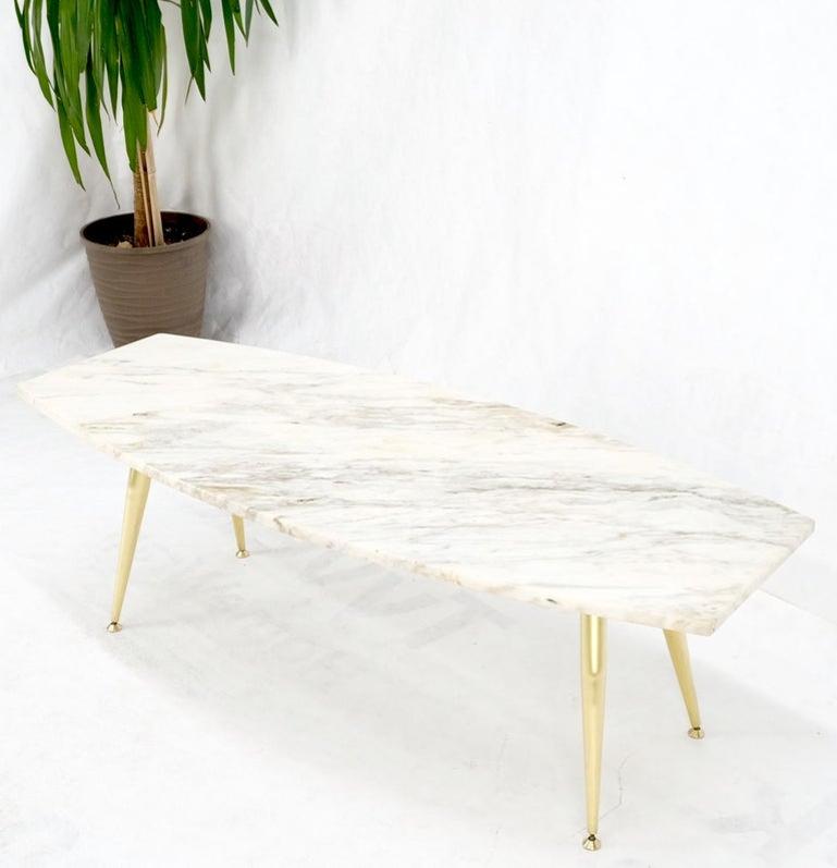 Boat Shape Marble Top Tapered Cone Shape Brass Legs Coffee Table Mint