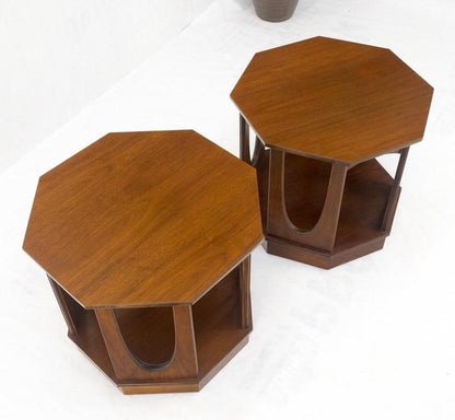 Pair of Mid-Century Modern Walnut Octagon Shape End Side Occasional Tables Mint!