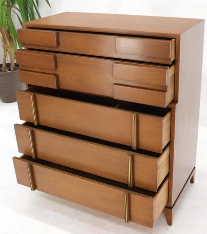 Mid-Century Modern Five Drawers High Chest Dresser with Brass Accents