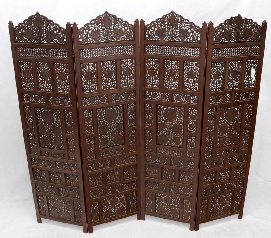 Four-Panel Finely Carved Teak Room Divider Screen