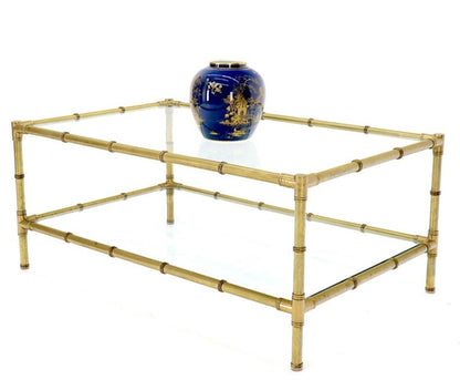 Italian Mid-Century Modern Faux Bamboo Machined Brass Rectangle Two-Tier Coffee