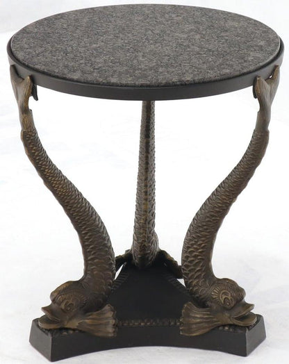 Bronze Triple Dolphins Base Granite Top Round Side End Table Pedestal