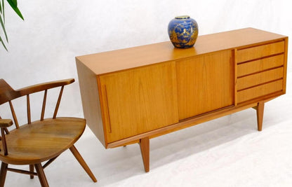 Danish Mid-Century Modern Teak Low 4 Drawers Sliding Doors Compartment Credenza