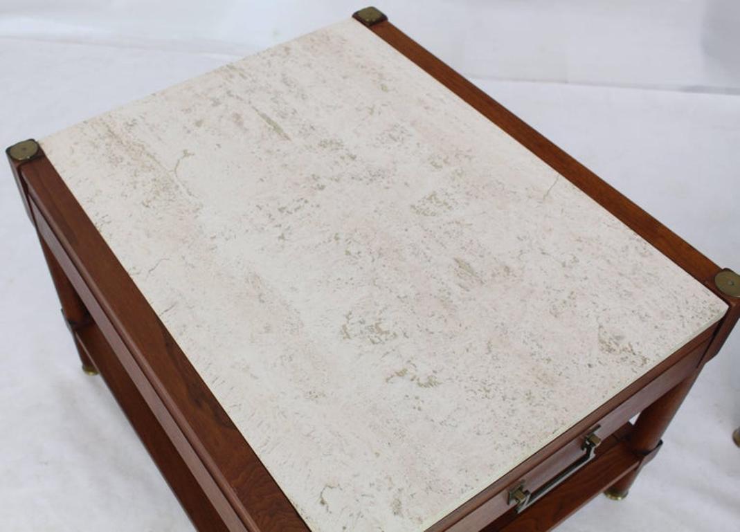 Pair of Travertine Tops One Drawer Oiled Walnut End Side Tables