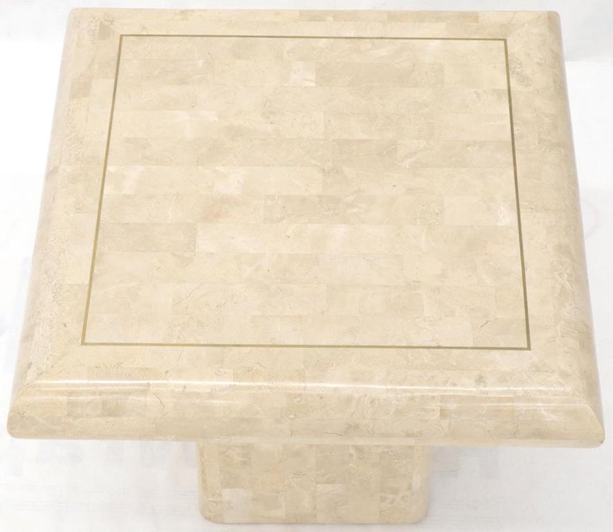 Pair of Square Tessellated Stone Veneer Brass Inlay End Tables Stands