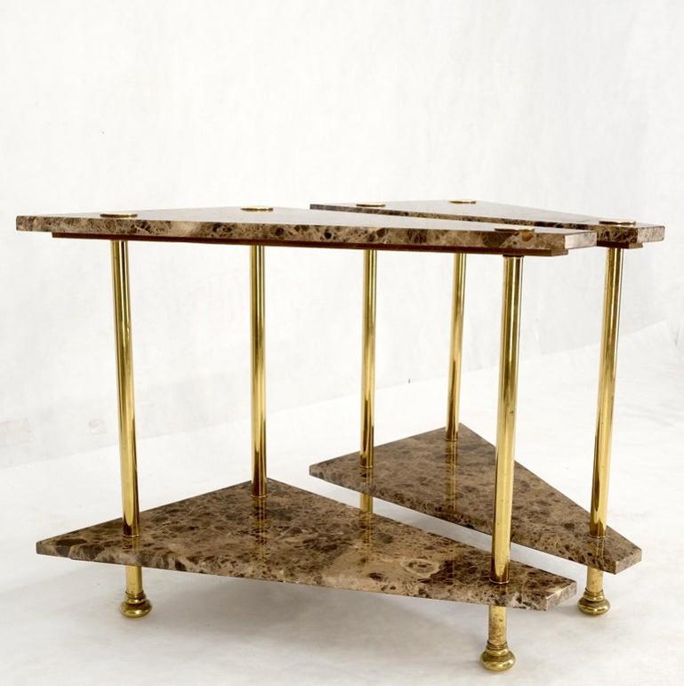 Pair Polished Brass Marble Trapezoid Two Tier Side End Tables Night Stands Mint