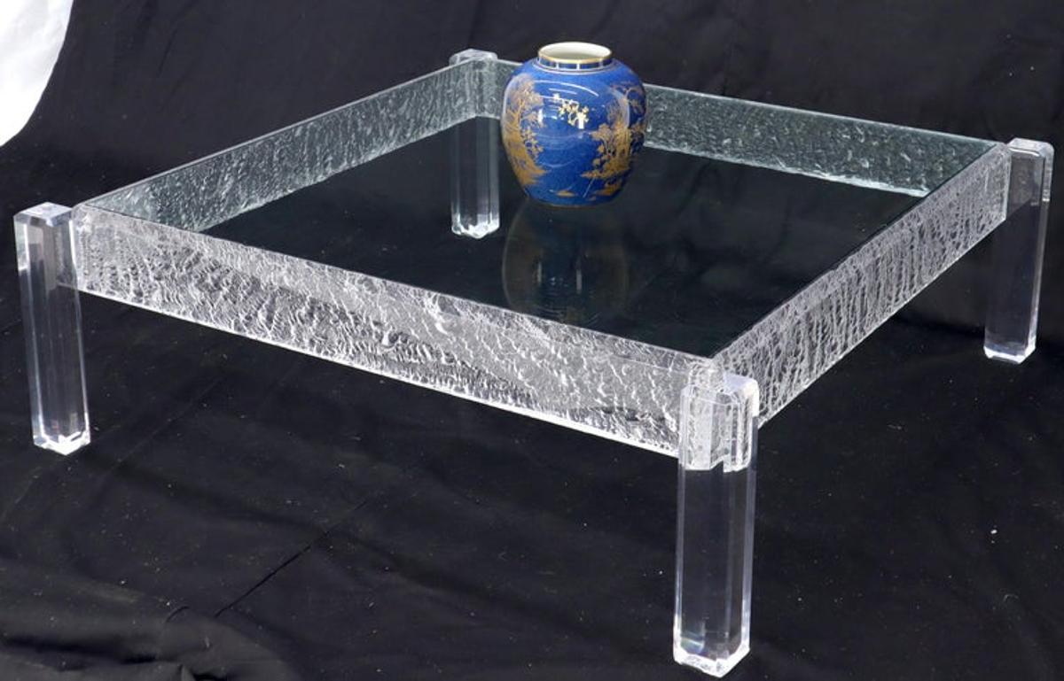 Large Square Carved Lucite Glass Top Coffee Table