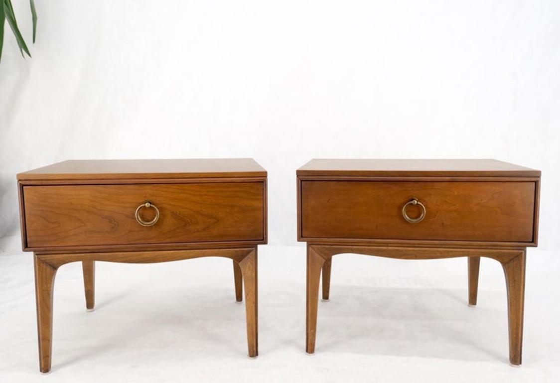 Pair Mid-Century Modern One Drawer End Side Tables Night Stands Brass Ring Pulls