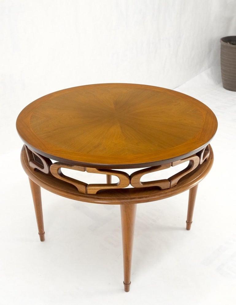 Pierced Caved Ornament Round Walnut Banded Mid-Century Modern Side End Table