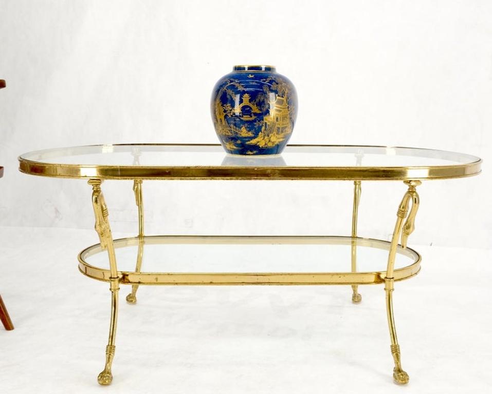 Solid Brass Swan Motive Oval Racetrack Shape Two Tier Coffee Table Mid Century