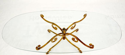 Oval Glass Gold Gilt Wrought Iron Metal Base Hollywood Regency Coffee Table