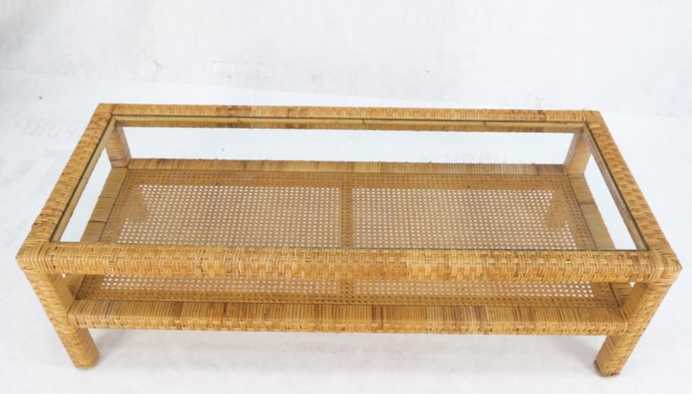 Rectangle Rattan Cane Shelf Glass Top Mid-Century Modern Coffee Table Mint!