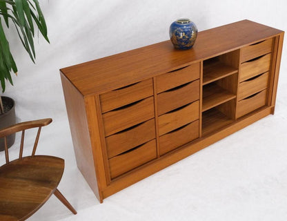 Tambour Doors 12 Deep Drawers 3 Shelves Danish Teak Mid-Century Modern Credenza