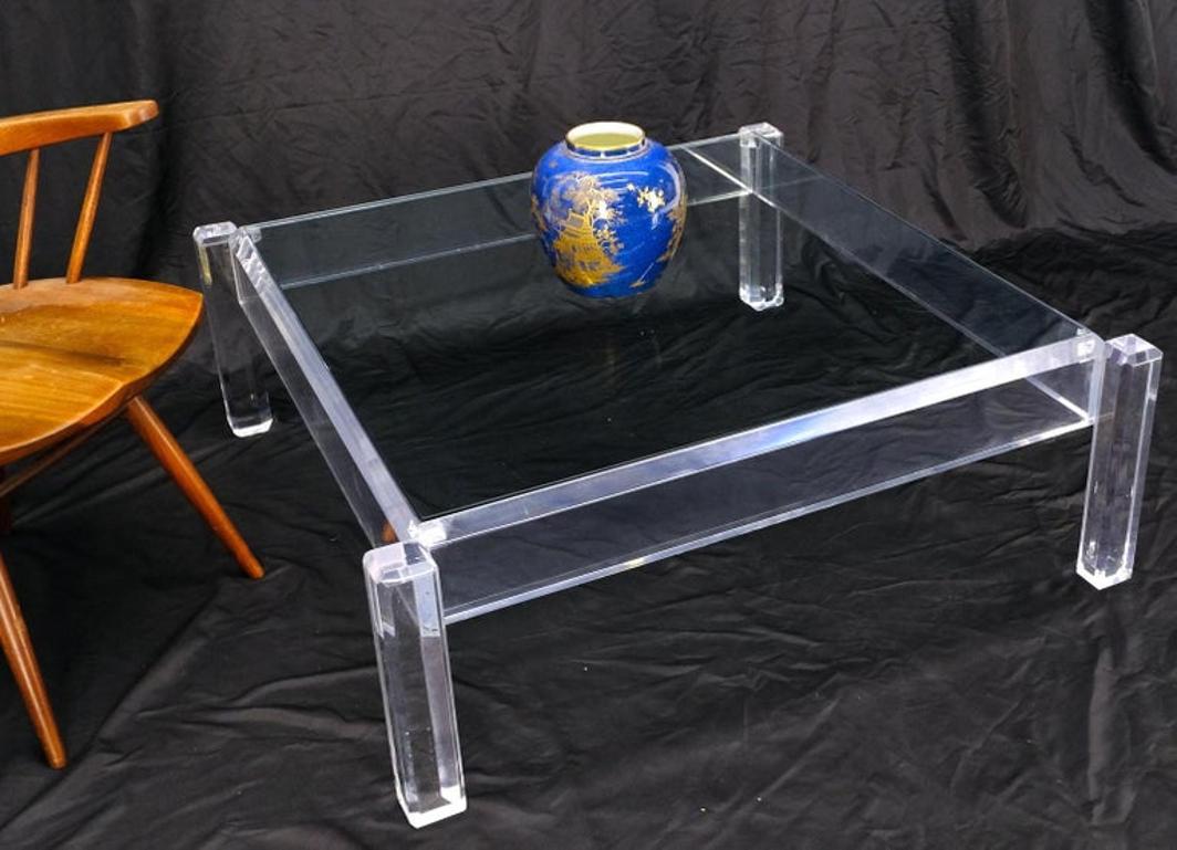 Mid Century Modern Thick Polished Lucite Base Glass Top Square Coffee Table