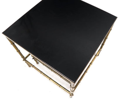 Solid Brass Faux Bamboo Set of 3 Nesting Tables with Black Vitrolite Glass