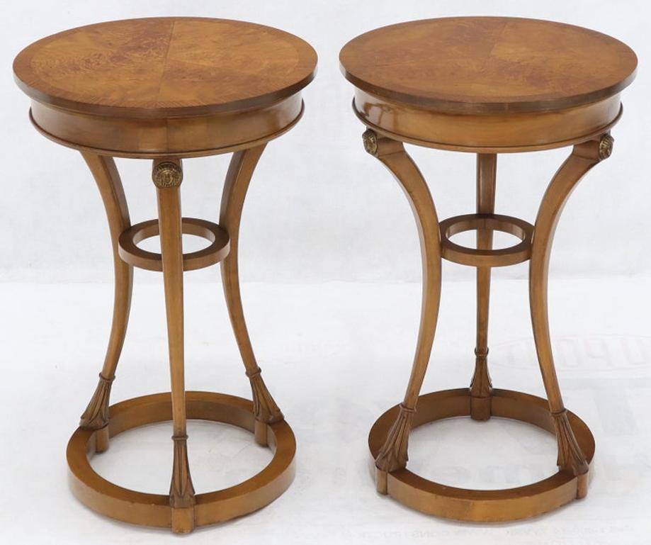 Pair of Tall Round Pedestal Shape Side End Tables on Tri Legged Bases Burl Wood