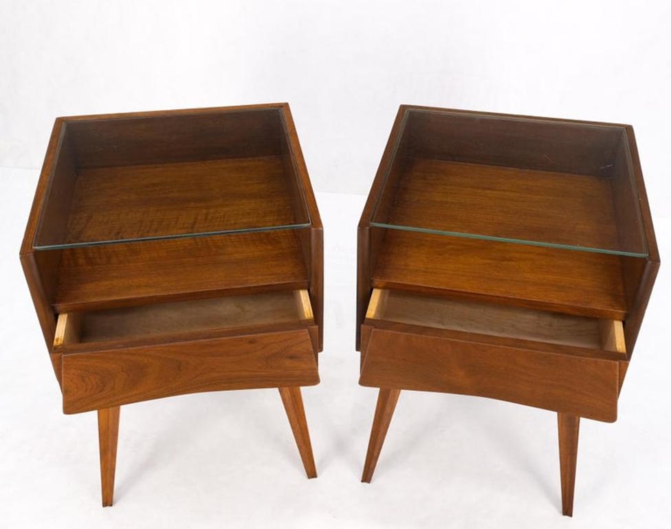 Pair Swedish Mid Century Modern Glass Top Cube Shape End Side Tables NightStands