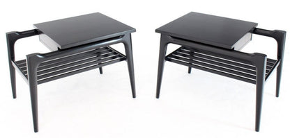 Pair of Black Ebonised One Drawer End Nightstands with Magazine Rack Sculptural