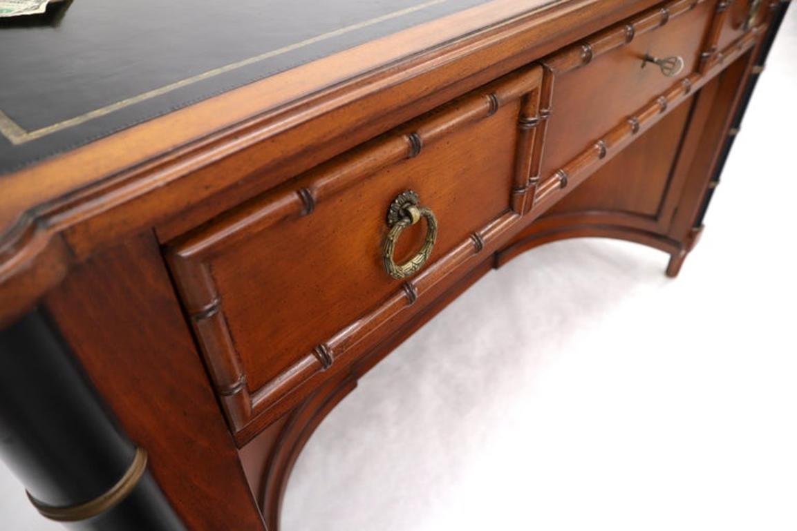 Faux Bamboo Black Leather Top Mahogany Desk with Curved Bottom Doors Compartment