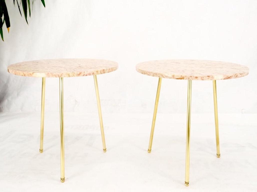 Pair Round Rouge Marble Top Tri Legged Brass Base Mid-Century Modern End Tables