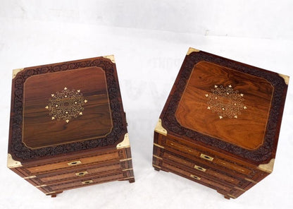 Pair 3 Drawer Solid Rosewood Campaign Style Brass Inlay Decorated Night Stands