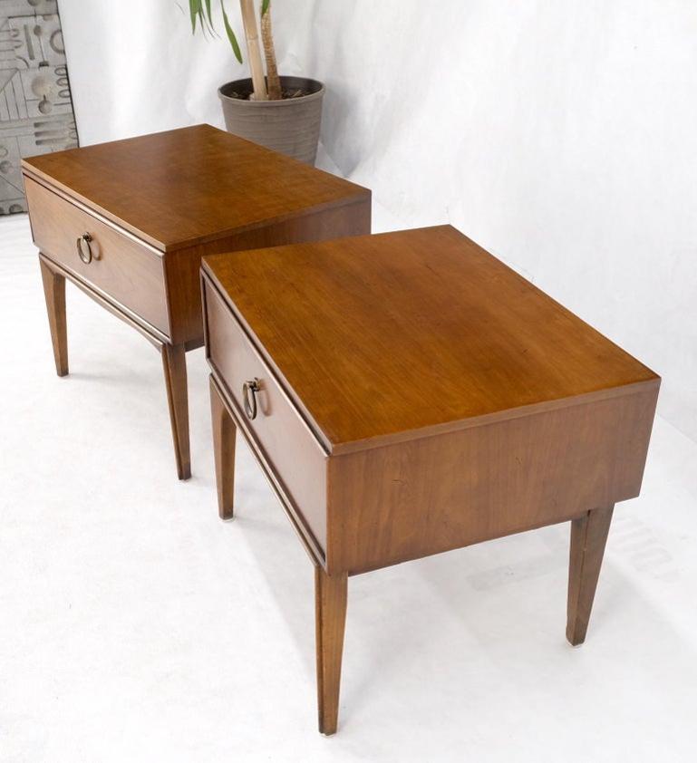 Pair Mid-Century Modern One Drawer End Side Tables Night Stands Brass Ring Pulls