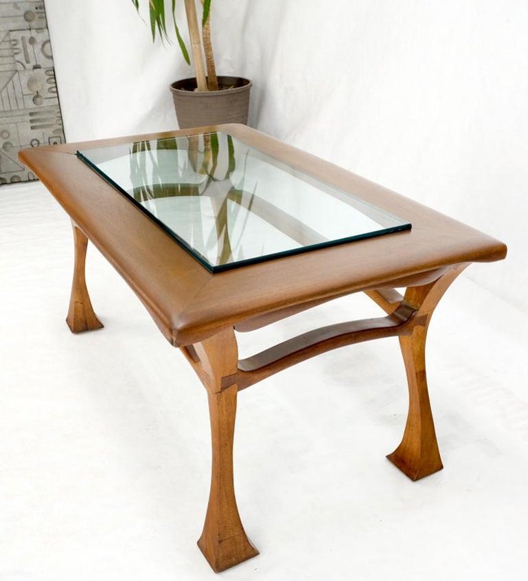 Art Nouveau Solid Carved Teak Unusual Rectangle Coffee Table Thick Glass Top