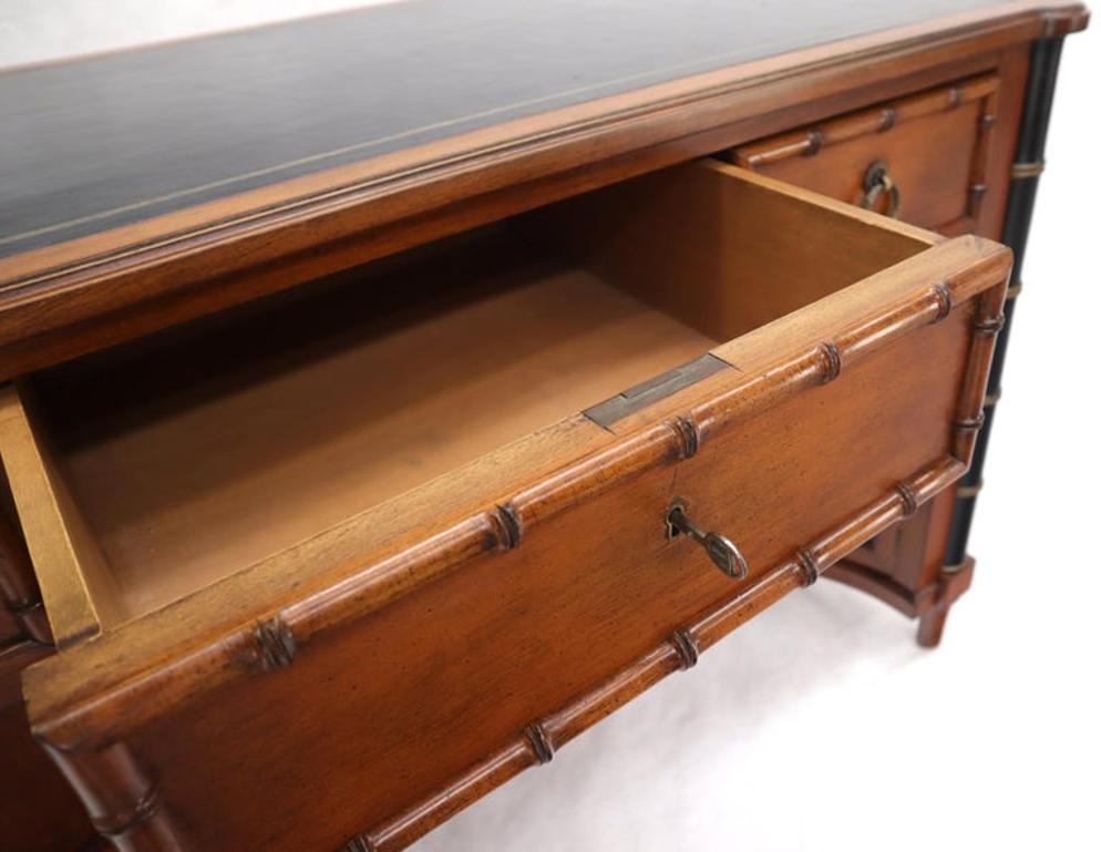 Faux Bamboo Black Leather Top Mahogany Desk with Curved Bottom Doors Compartment