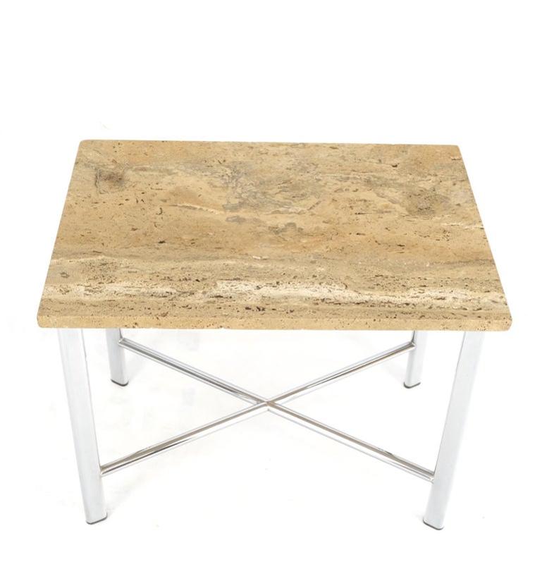 Chrome X Base Travertine Top Mid-Century Modern Rectangle Side End Table Stand