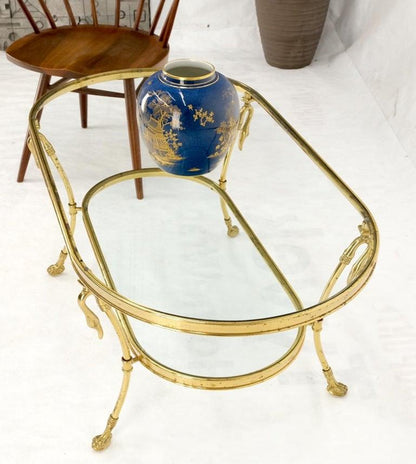 Solid Brass Swan Motive Oval Racetrack Shape Two Tier Coffee Table Mid Century