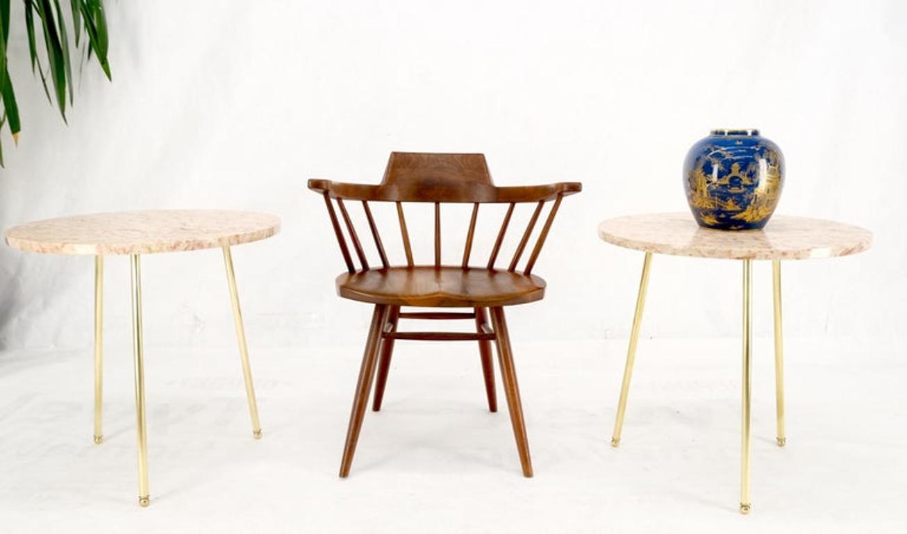 Pair Round Rouge Marble Top Tri Legged Brass Base Mid-Century Modern End Tables