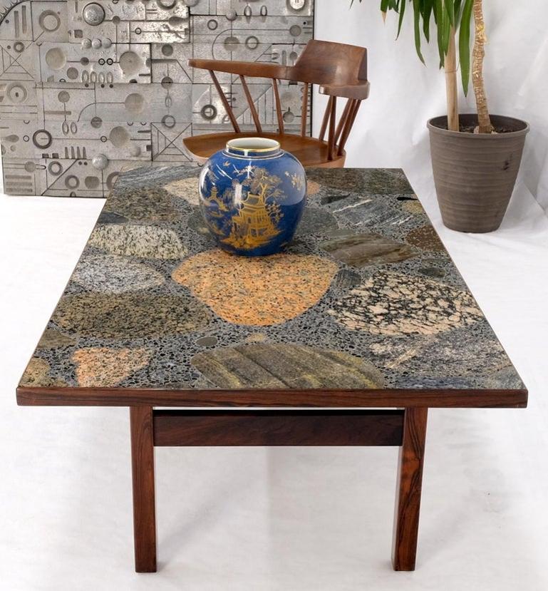 Solid Rosewood Base Terrazzo Granite Top Rectangle Danish Modern Coffee Table